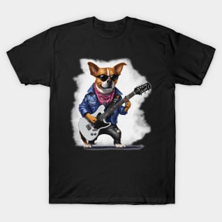 Dog wearing a leather jacket  playing guitars T-Shirt